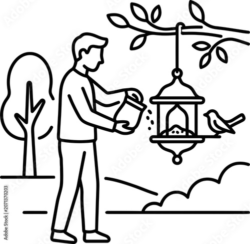 A man filling a hanging bird feeder with birdseed in a garden setting.