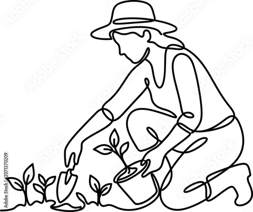 Continuous one line drawing of a female gardener planting a seedling in the soil.