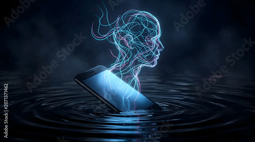 Abstract digital addiction concept with dopamine overload, glowing screens, fragmented attention, anxiety and cyber fatigue in surreal 3D style. AI Generated.
