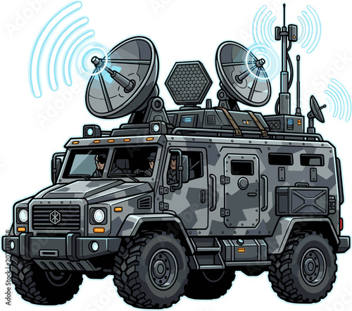 Armored communication vehicle with satellite dishes and antennas, transmitting signals, military technology