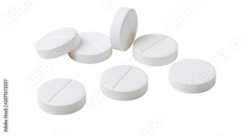 Fotografía Pile of seven white round pills with score lines, isolated on transparent backgr