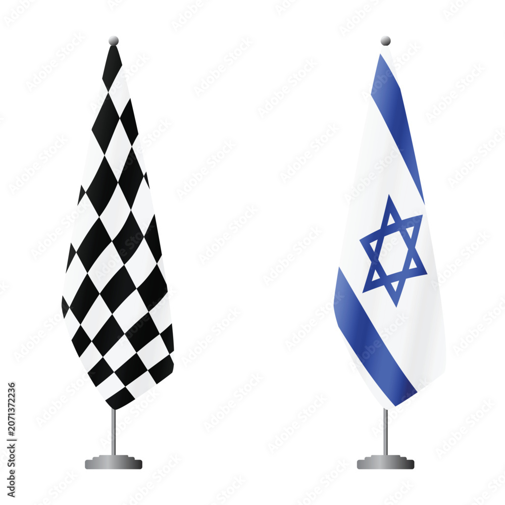Obraz premium Checkered and Israel flags on flagpoles for official ceremonies and meetings, transparent background vector