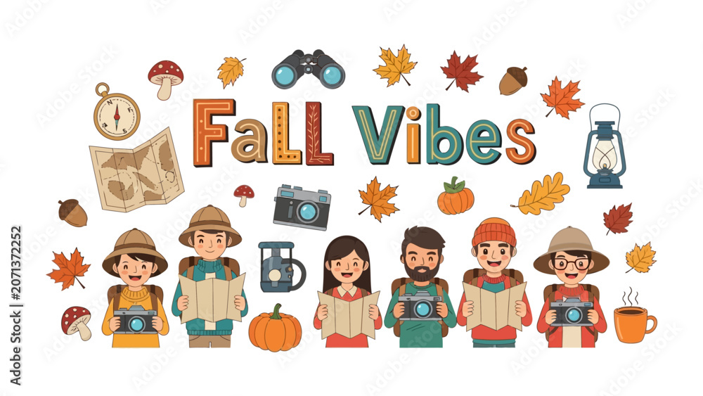 Fototapeta premium Fall Vibes Collection: A whimsical illustration capturing the essence of autumn adventure with cheerful characters, seasonal elements, and symbols of outdoor exploration.