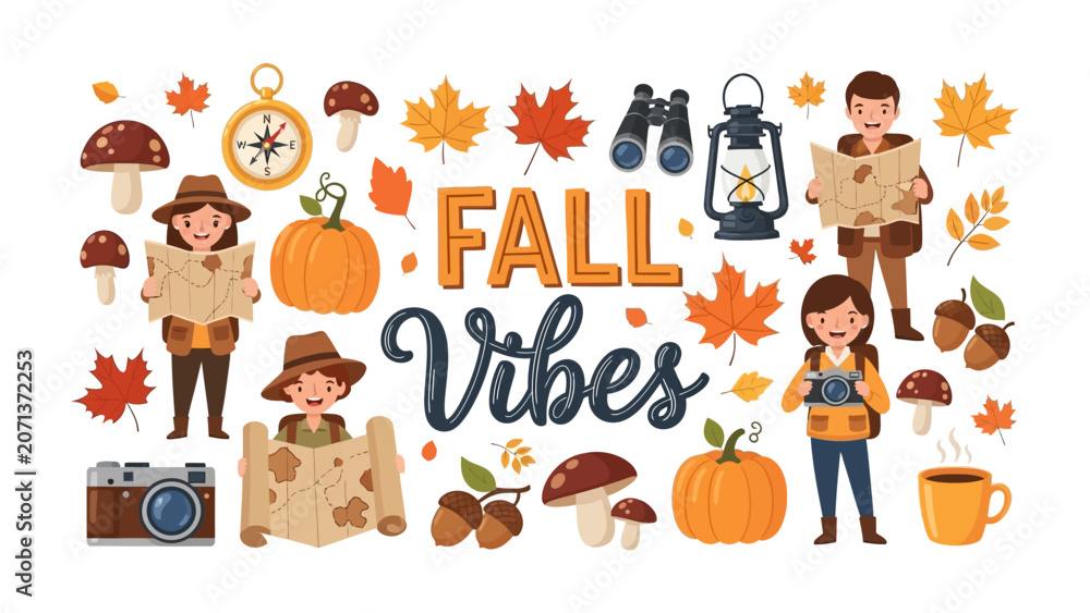 Obraz premium Fall Vibes Celebration: A whimsical collection of autumnal elements and cheerful characters embodies the spirit of fall, featuring pumpkins, maple leaves, mushrooms, and people ready for adventure.