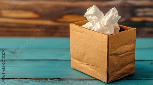 Crumpled White Tissue Paper in Brown Paper Bag on Teal Wooden Surface