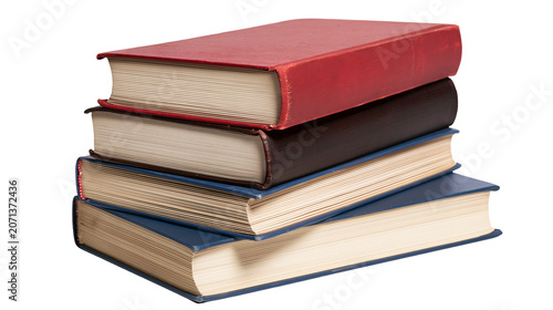Obraz na płótnie Stack of four hardcover books in red brown and blue, isolated on transparent bac