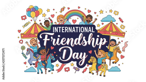 Cuadro en lienzo International Friendship Day Celebration: A vibrant illustration depicting joyful children from diverse backgrounds celebrating International Friendship Day with balloons, a carousel, and a rainbow