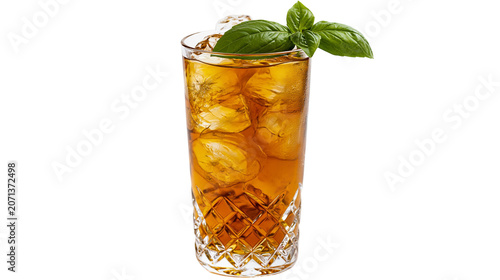 Photos Tall glass of iced tea with basil garnish, isolated on transparent background
