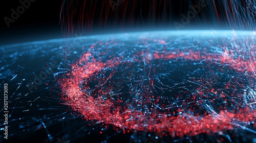 Massive holographic defense shield collapsing under coordinated cyberattack, red alert particle streams,