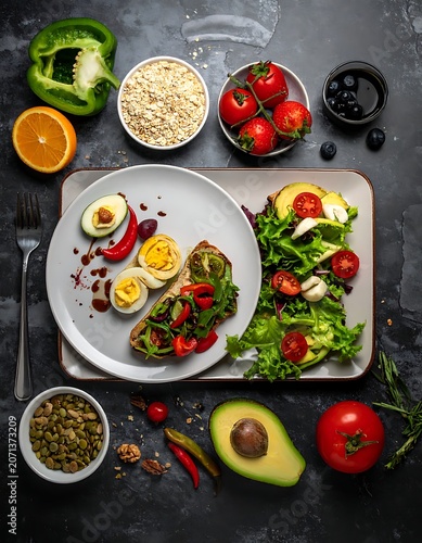 Healthy food ingredients and prepared meal.