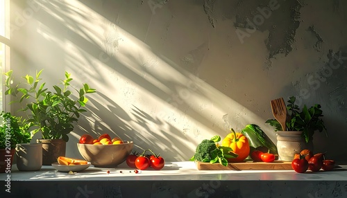Fresh vegetables and plants on kitchen counter.