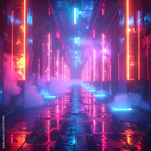 Neon lit futuristic cityscape interior scene.