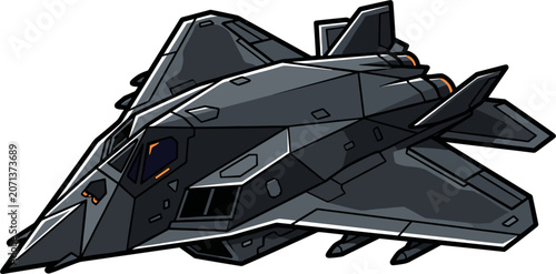 A pixel art illustration of a dark gray stealth fighter jet with orange highlights. This tactical warplane represents modern military aviation and technology.