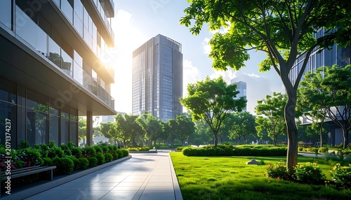 Modern urban landscape with green spaces.