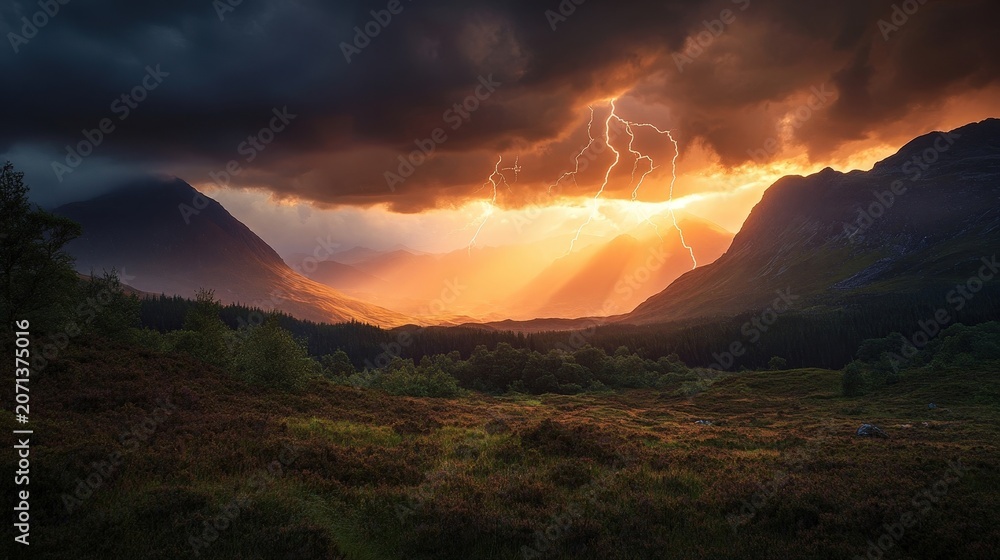 Obraz premium Dramatic Sunset Over Mountains with Lightning Strikes and Dark Clouds