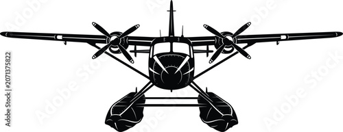 Obraz na plátně Detailed twin engine seaplane silhouette front view classic amphibious aircraft with dual propellers and landing floats