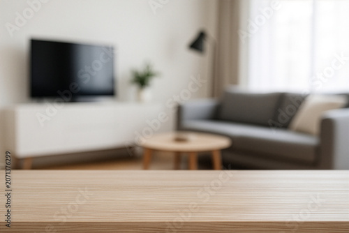 wooden top table with blurry background living room modern