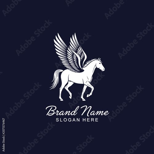 Fotografie Elegant white horse with large wings, standing on a dark background, with custom