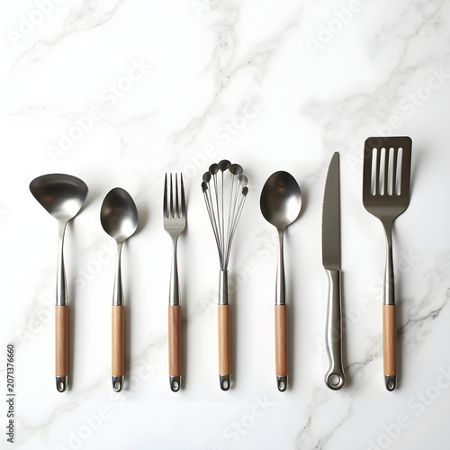 Wooden Spoon Fork and Knife Kitchen Utensils Set on White Marble Background