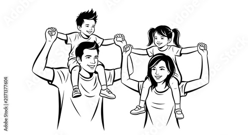 Happy Family Illustration with Parents Carrying Children on Shoulders