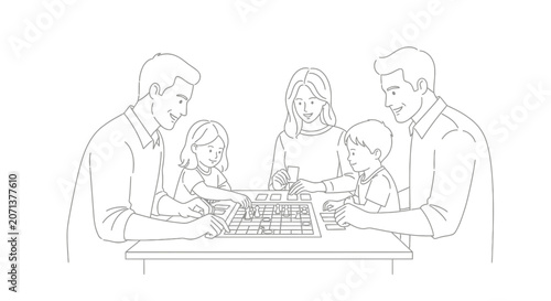 Happy Family Playing Board Game Together Line Art