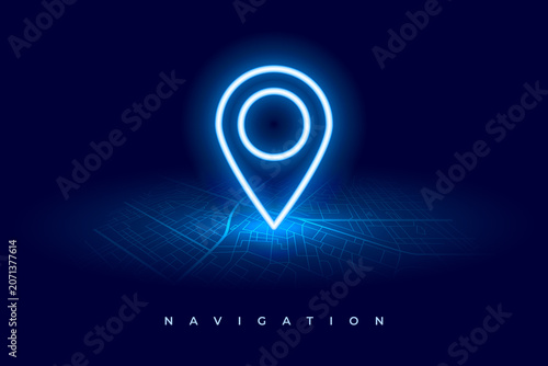 Fotografie glowing neon blue location pin over digital gps navigator city map