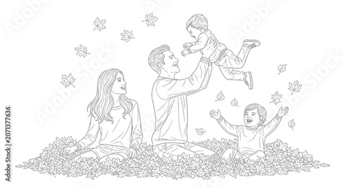 Happy Family Playing in Autumn Leaves Line Art Illustration