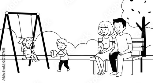 Happy Family Playing in the Park Coloring Page