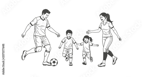 Happy Family Playing Soccer Together Line Art Illustration