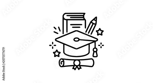Graduation Education Icon with Academic Cap, Diploma, Book and Pencil Line Art