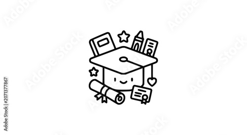 Cute Graduation Icon with Academic Cap, Diploma and Education Elements Line Art