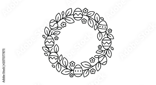 Hand Drawn Easter Egg Wreath with Floral Leaves Circle Frame Illustration