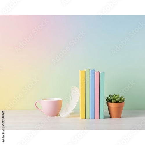 A stack of pastel colored books stands neatly beside a small pink ceramic coffee cup and a delicate white feather with a tiny green succulent plant on a wooden surface.