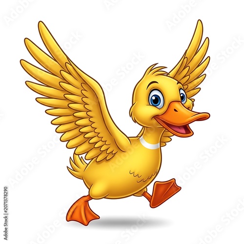 Cheerful cartoon duck with bright yellow feathers and orange beak flapping its large wings in a joyful pose while smiling happily against a clean white background in this digital illustration