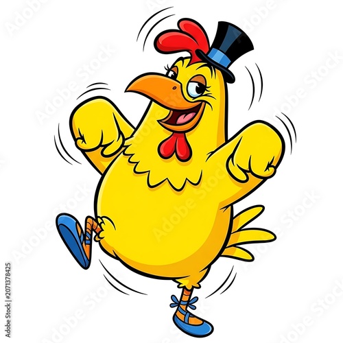 Cheerful yellow cartoon chicken character wearing a formal black top hat while dancing joyfully on a white background in this vibrant digital art illustration with bold clean thick black outlines.