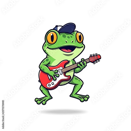 Cheerful cartoon green frog character wearing a blue baseball cap while playing a vibrant red electric guitar with a joyful expression isolated on a clean white background for creative design.