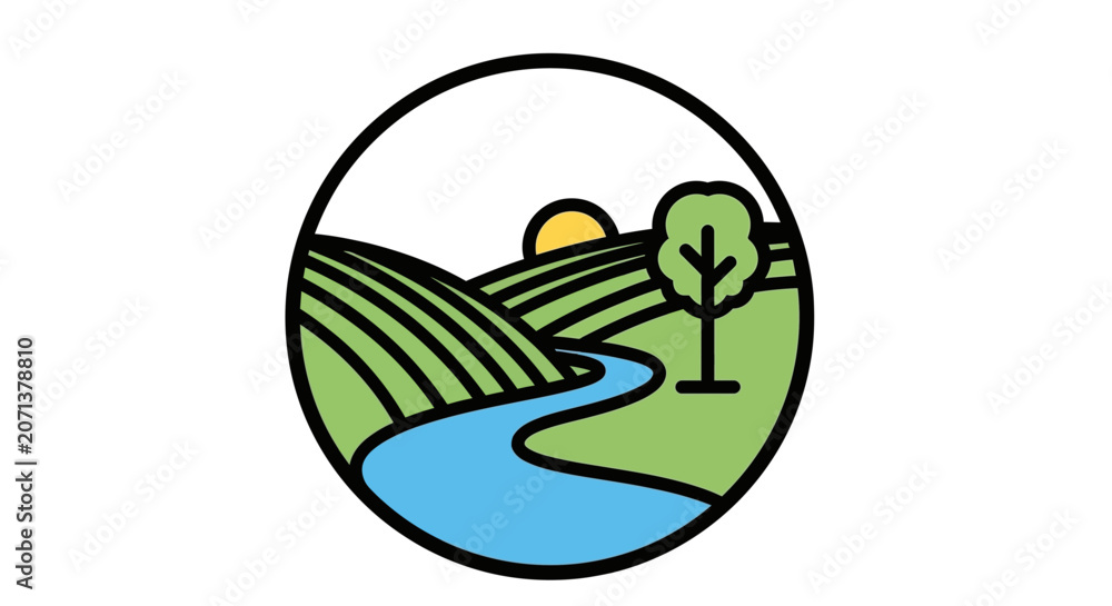 Fototapeta premium Sunset over rolling hills with a serene river flowing through lush green landscape
