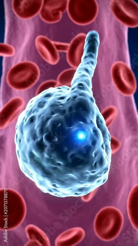 3D Medical Illustration of Human Blood Flow with Red Blood Cells Erythrocytes and a White Blood Cell Leukocyte Attacking a Green Bacteria Pathogen in a Blood Vessel