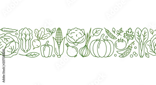 Organic Vegetable Border Monoline Illustration with Farm Fresh Produce Outline