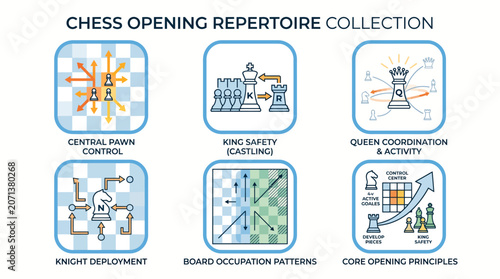 Chess opening repertoire and strategic principles icons set