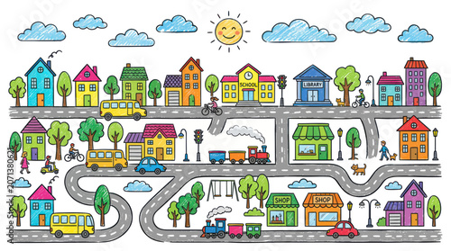 Fotografia Colorful cartoon city road transport scene.