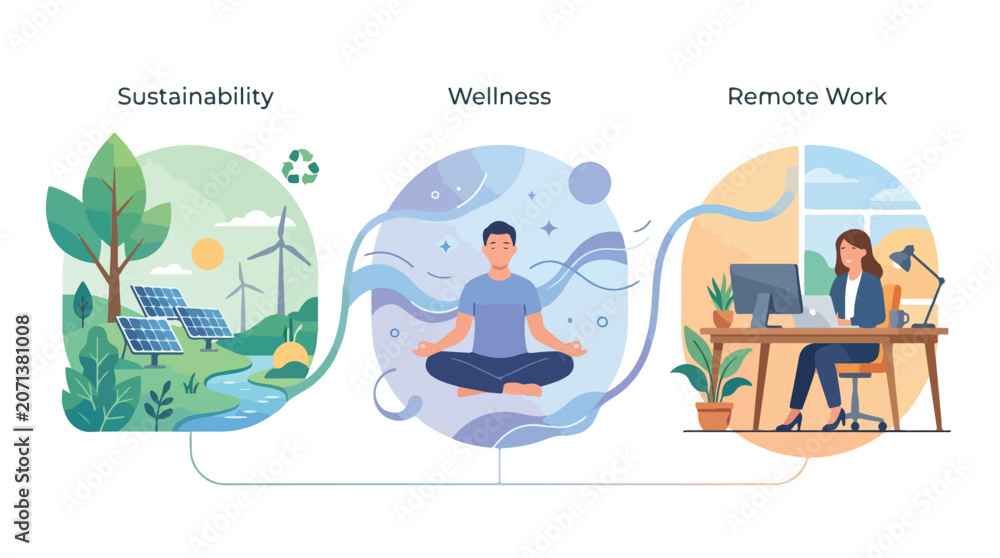 Obraz premium Modern business lifestyle vector, sustainability wellness and remote work concepts, corporate social responsibility and mental health illustration