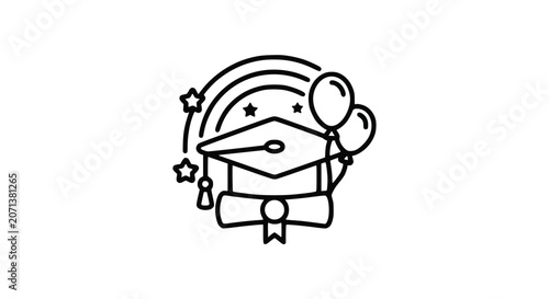 Graduation Cap and Diploma Line Icon Isolated on Gray Background
