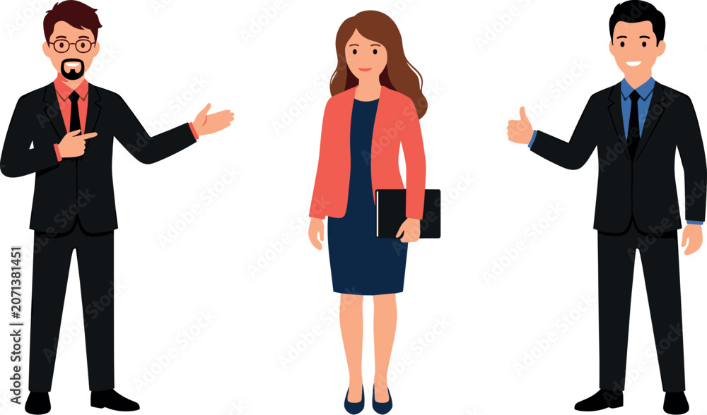 Fototapeta premium Business Team Character Set with Corporate Professionals Men and Woman Gesturing for Presentation Website App and Office Vector Illustration