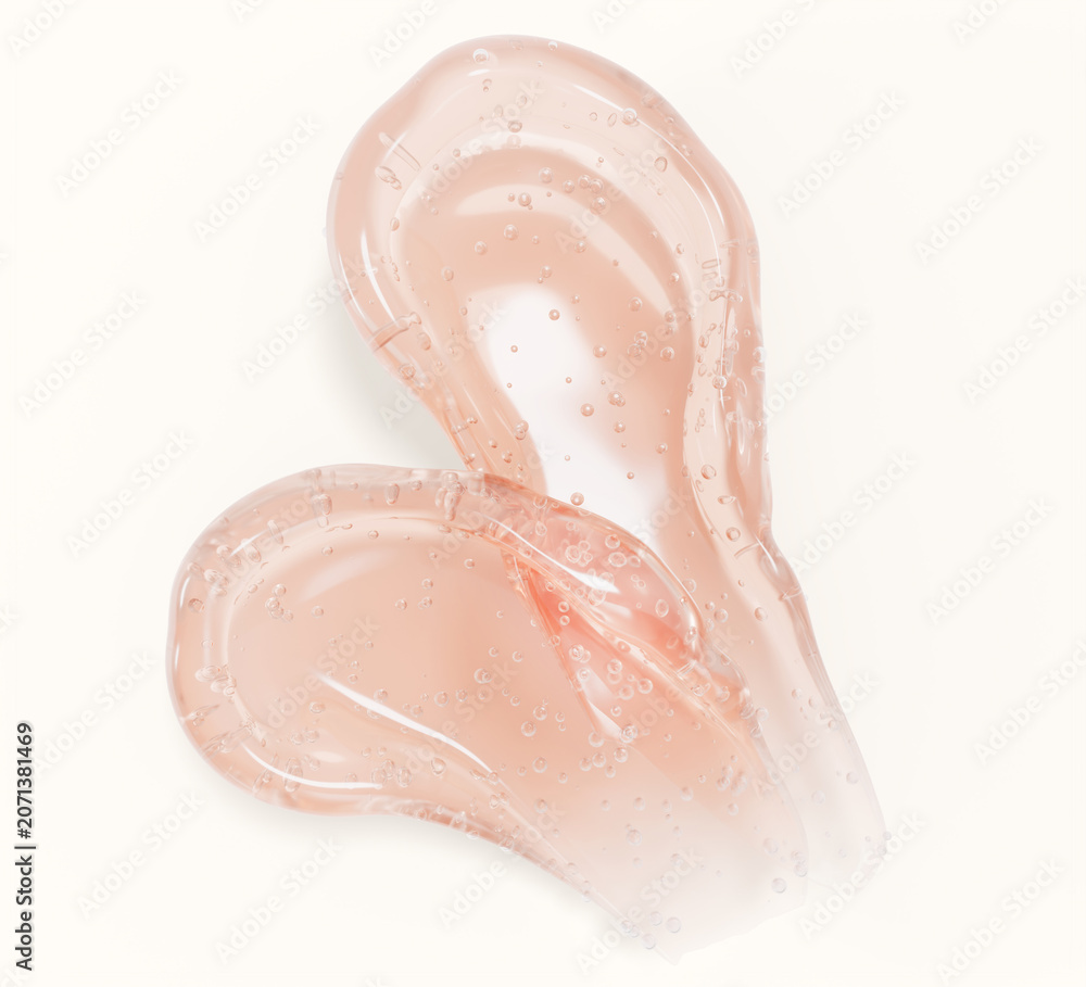 Fototapeta premium Pink cosmetic gel smears with air bubbles isolated on 3d background. Peach rose cream texture, swatches of liquid beauty product, face cleanser, body scrub, moisture skincare serum. 3D illustration