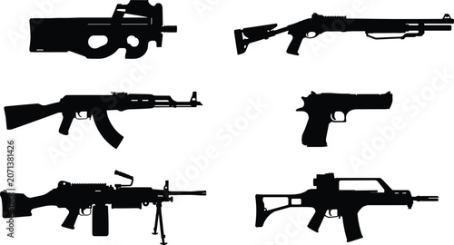 Quadro su tela Modern Military Firearms Silhouette Set with Assault Rifle Shotgun Submachine Gu