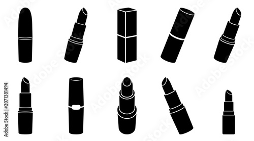 Lipstick Silhouette Icon Collection Set Featuring Various Cosmetic Beauty Product Designs and Makeup Accessories