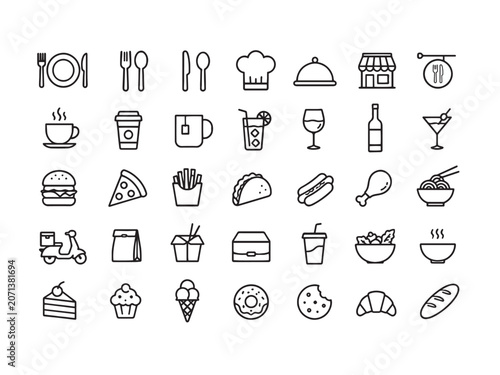 Food and Restaurant Line Icons Set Collection Isolated on Gray Background
