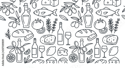 Mediterranean Food Seamless Pattern with Olive Oil, Fish, Wine and Fresh Ingredients Line Art Background