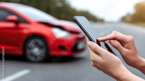 Woman using smartphone after car accident on the road.